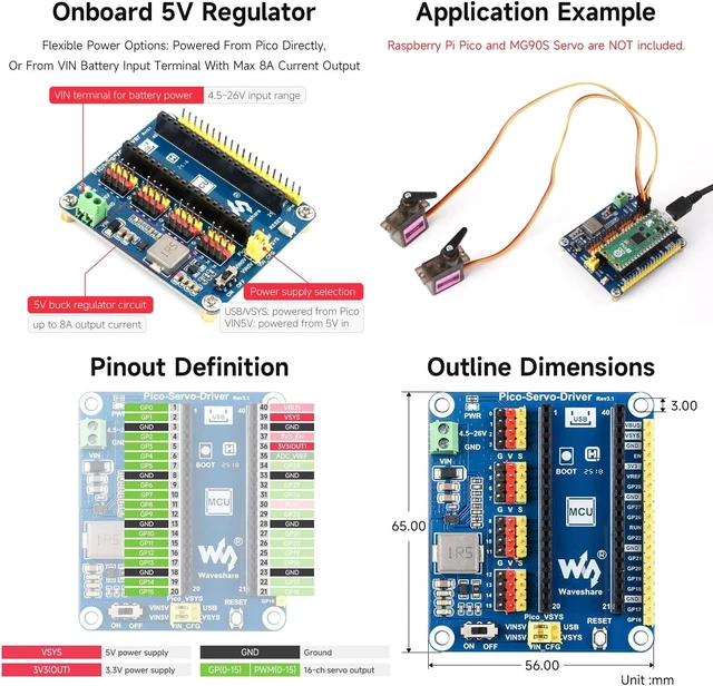 Alt view image 5 of 5 - Waveshare Servo Driver Module for Raspberry Pi Pico Ideal for Controlling Robotic Arm or Hexapod Walker 16-Channel Outputs 16-Bit Resolution