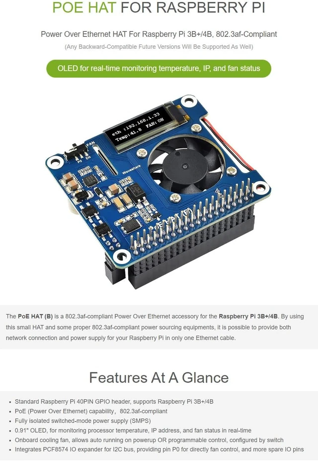 Alt view image 2 of 6 - Waveshare PoE HAT (B) Power Over Ethernet HAT Supports Raspberry Pi 3B+ and 4B, 802.3af PoE Network