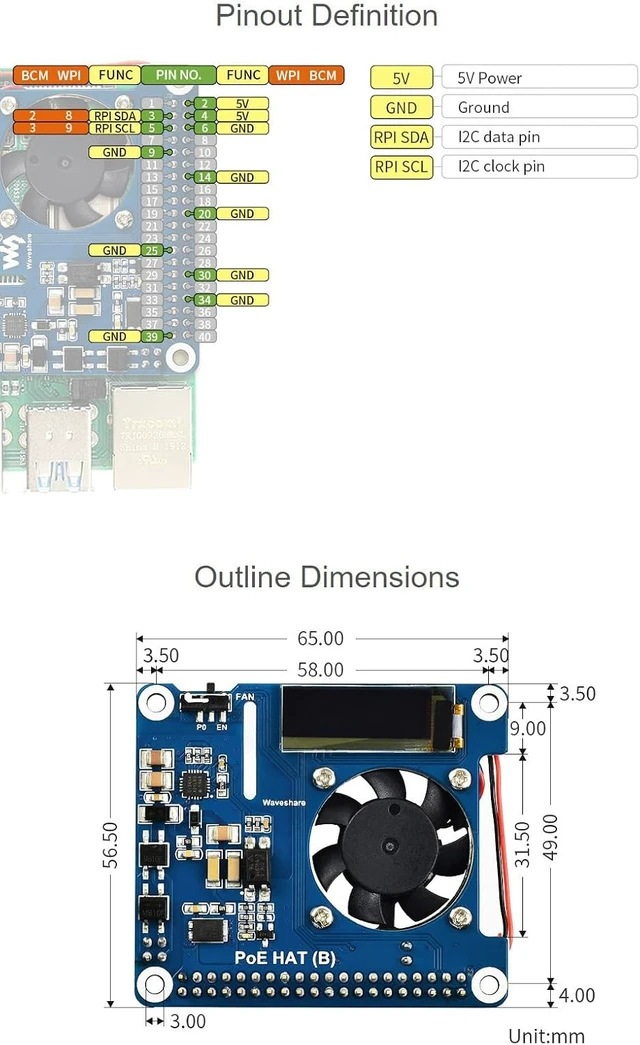 Alt view image 6 of 6 - Waveshare PoE HAT (B) Power Over Ethernet HAT Supports Raspberry Pi 3B+ and 4B, 802.3af PoE Network