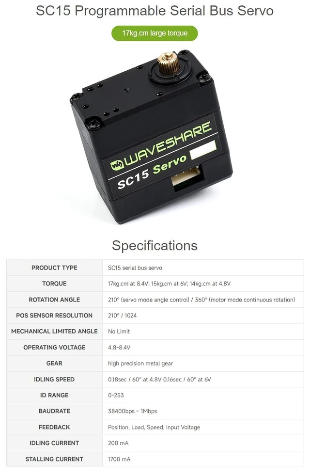 Alt view image 2 of 6 - Waveshare SC15 17kg Large Torque Programmable Serial Bus Servo 17kg.cm Large Torque