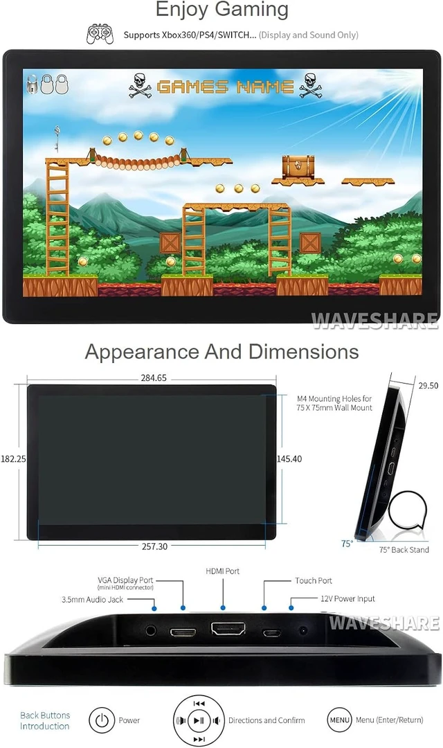 Alt view image 7 of 7 - waveshare 11.6inch Capacitive Touch Screen LCD with Case Compatible with Raspberry Pi 4B/3B+/3A+/2B/B+/A+/Zero/Zero W/WH/Zero 2W CM3+/4 1920×1080 Resolution HDMI IPS Supports Jetson Nano/Windows