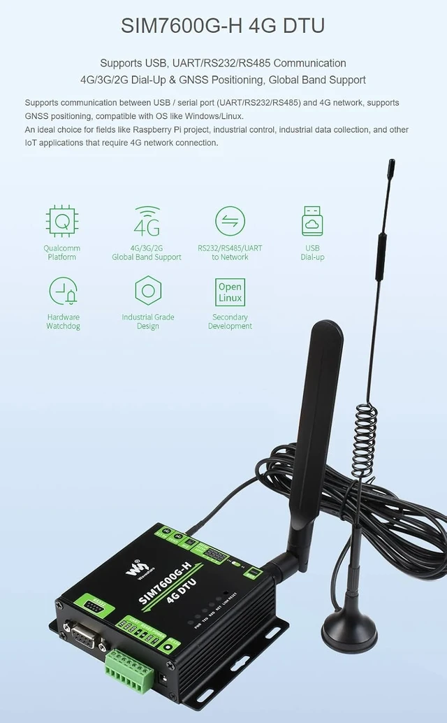 Alt view image 2 of 7 - Waveshare Industrial Grade SIM7600G-H 4G DTU USB UART/RS232/RS485 Multi Interfaces Communication LTE Global Band Support