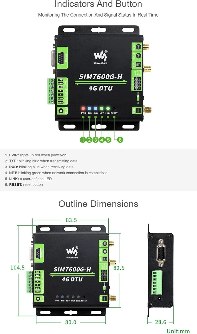Alt view image 7 of 7 - Waveshare Industrial Grade SIM7600G-H 4G DTU USB UART/RS232/RS485 Multi Interfaces Communication LTE Global Band Support