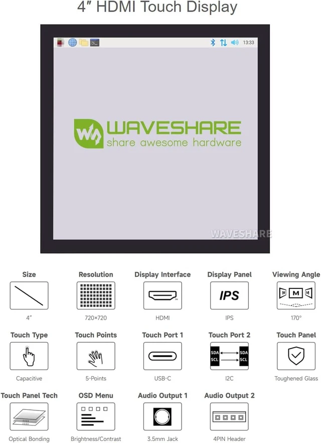 Alt view image 3 of 7 - waveshare 4inch HDMI Capacitive Touch IPS LCD Display Compatible with Raspberry Pi 4B/3B+/3A+/2B/B+/A+/Zero/Zero W/WH/Zero 2W CM3+/4 720×720 Resolution Supports Jetson Nano/Windows