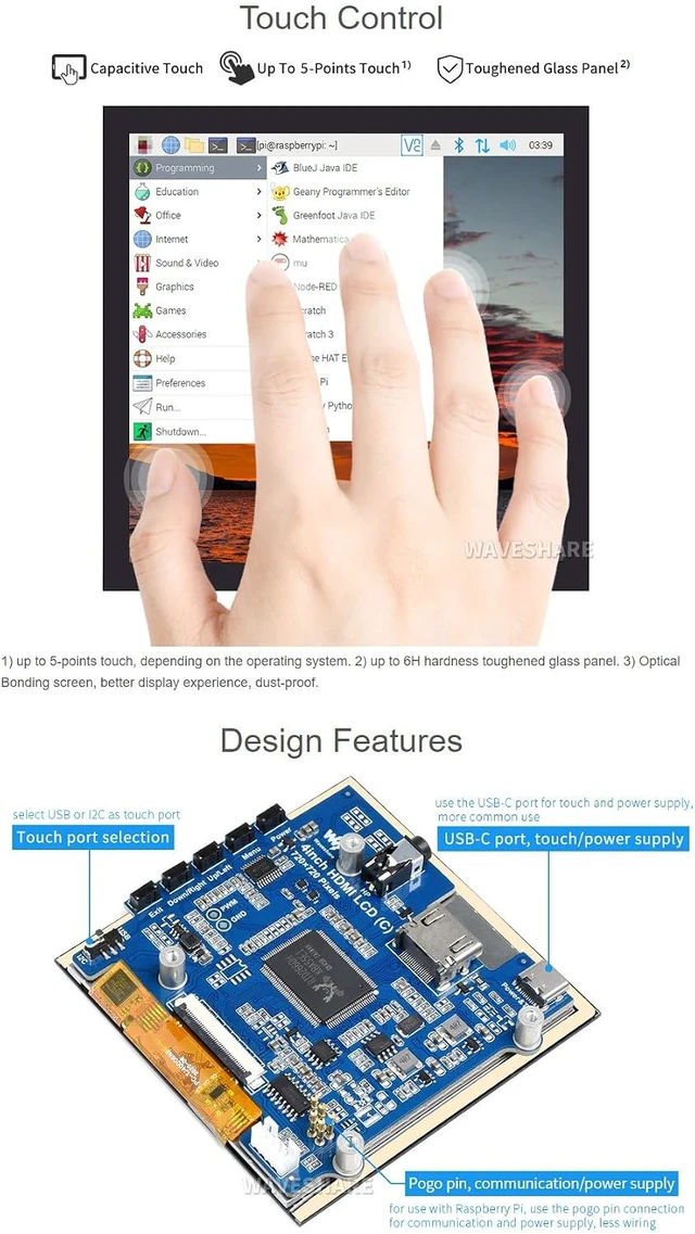 Alt view image 6 of 7 - waveshare 4inch HDMI Capacitive Touch IPS LCD Display Compatible with Raspberry Pi 4B/3B+/3A+/2B/B+/A+/Zero/Zero W/WH/Zero 2W CM3+/4 720×720 Resolution Supports Jetson Nano/Windows