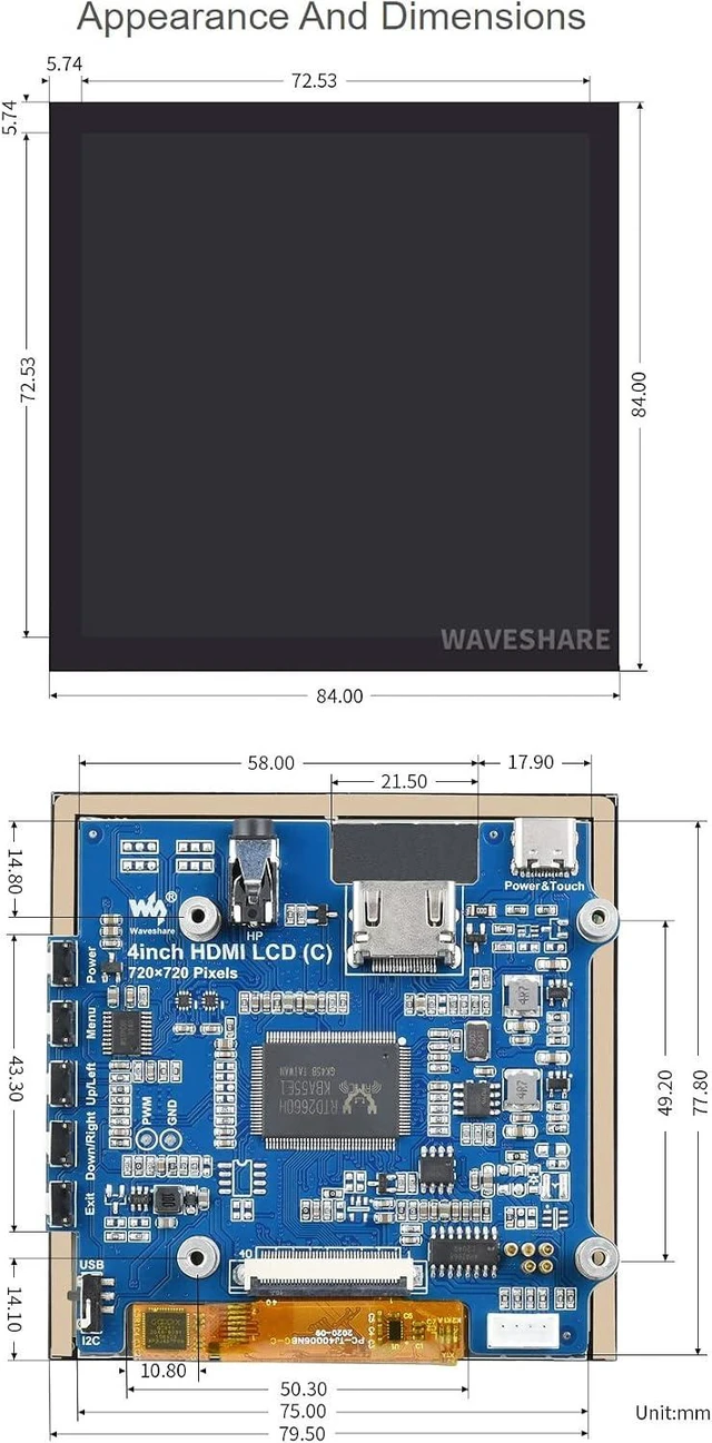 Alt view image 7 of 7 - waveshare 4inch HDMI Capacitive Touch IPS LCD Display Compatible with Raspberry Pi 4B/3B+/3A+/2B/B+/A+/Zero/Zero W/WH/Zero 2W CM3+/4 720×720 Resolution Supports Jetson Nano/Windows