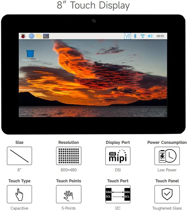 Alt view image 3 of 7 - Waveshare 8inch Capacitive Touch Display Compatible with Raspberry Pi 5/4B/3B+/3A+/3B/2B/B+/A+/CM3/3+/4 800×480 Resolution DSI Interface