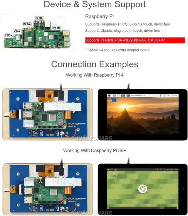 Alt view image 4 of 7 - Waveshare 7inch Capacitive Touch Display Compatible with Raspberry Pi 4B/3B+/3A+/3B/2B/B+/A+/CM3/3+/4 with 5MP Front Camera 800×480 Resolution DSI Interface