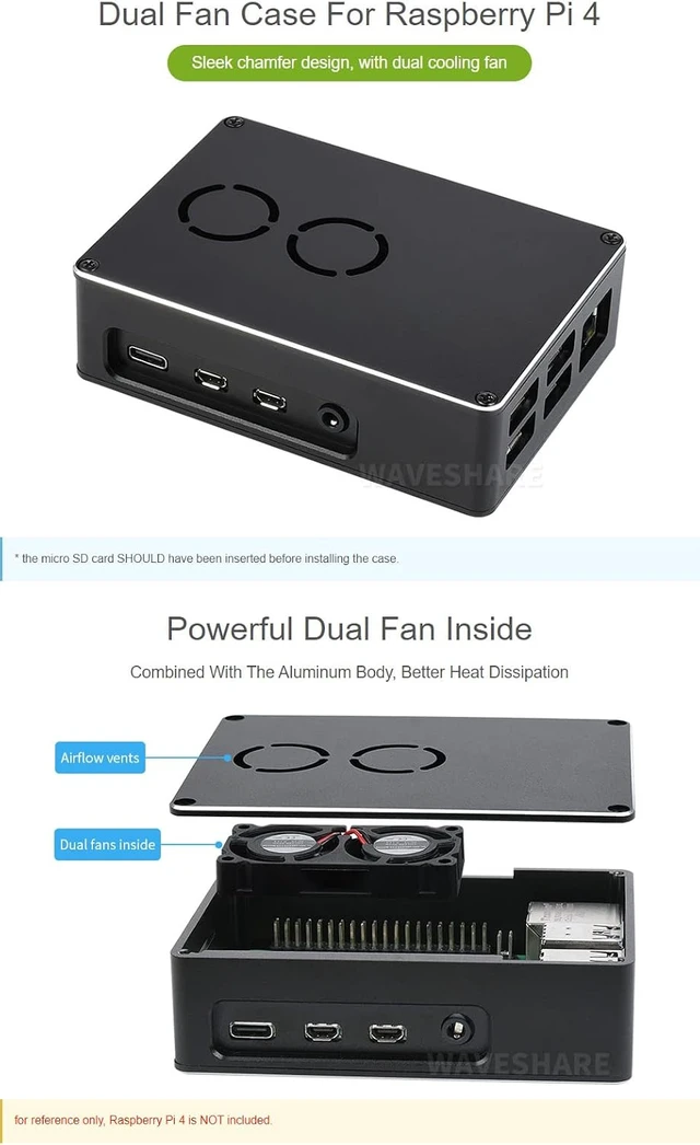 Alt view image 4 of 7 - Waveshare Dual Fan Case for Raspberry Pi 4 Dull-Polish Surface Sleek Chamfer Design with Dual Cooling Fan