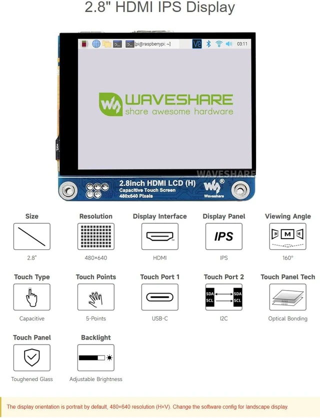 Alt view image 3 of 6 - waveshare 2.8inch HDMI IPS LCD Display, Compatible with Raspberry Pi 5/4B/3B/Zero/Zero W/Zero 2W/Pico/Pico W/Pico WH, 480×640 Resolution Supports Jerson Nano/Windows