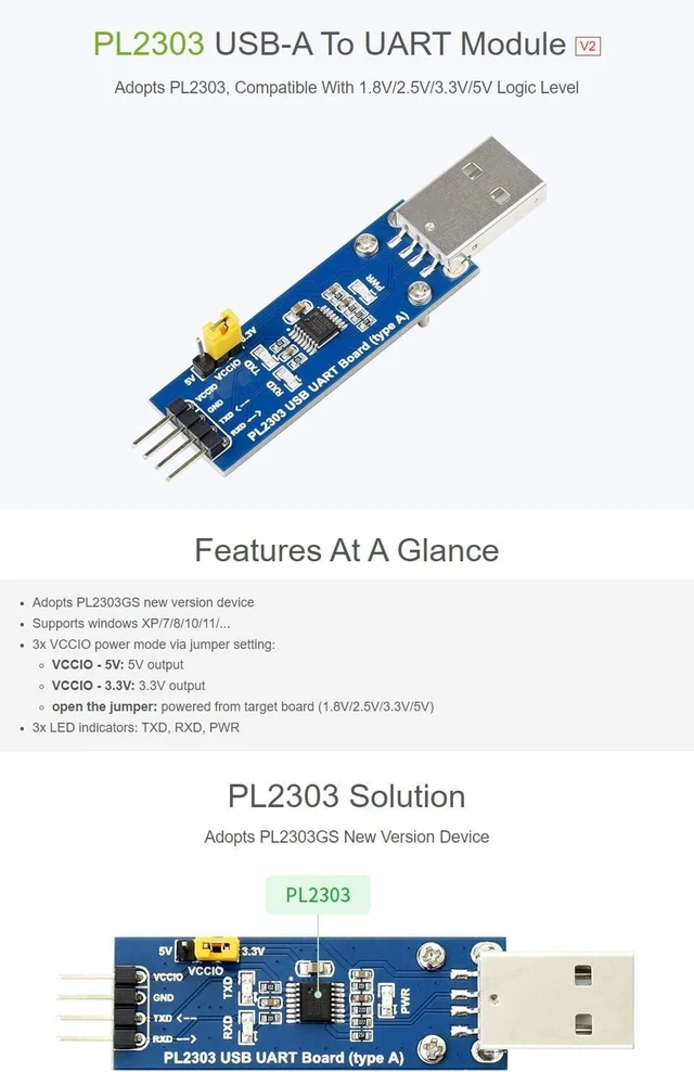 Alt view image 2 of 6 - Waveshare PL2303 USB to UART (TTL) Communication Module V2 USB-A Connector Compatible with 1.8V/2.5V/3.3V/5V Logic Level Supports Windows XP/7/8/10/11/