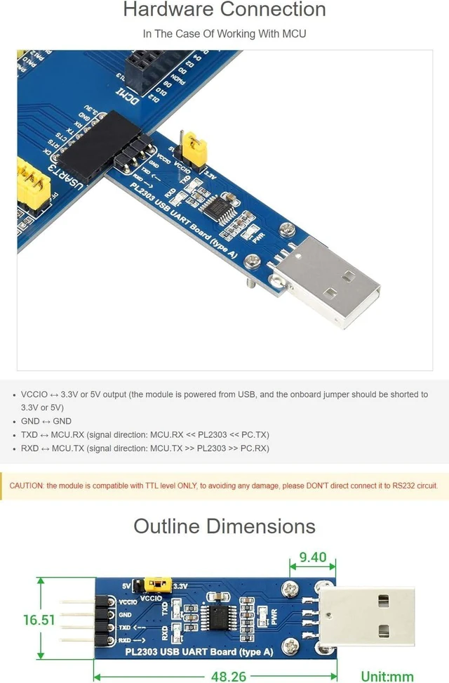 Alt view image 3 of 6 - Waveshare PL2303 USB to UART (TTL) Communication Module V2 USB-A Connector Compatible with 1.8V/2.5V/3.3V/5V Logic Level Supports Windows XP/7/8/10/11/
