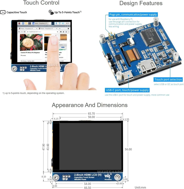 Alt view image 6 of 6 - waveshare 2.8inch HDMI IPS LCD Display, Compatible with Raspberry Pi 5/4B/3B/Zero/Zero W/Zero 2W/Pico/Pico W/Pico WH, 480×640 Resolution Supports Jerson Nano/Windows