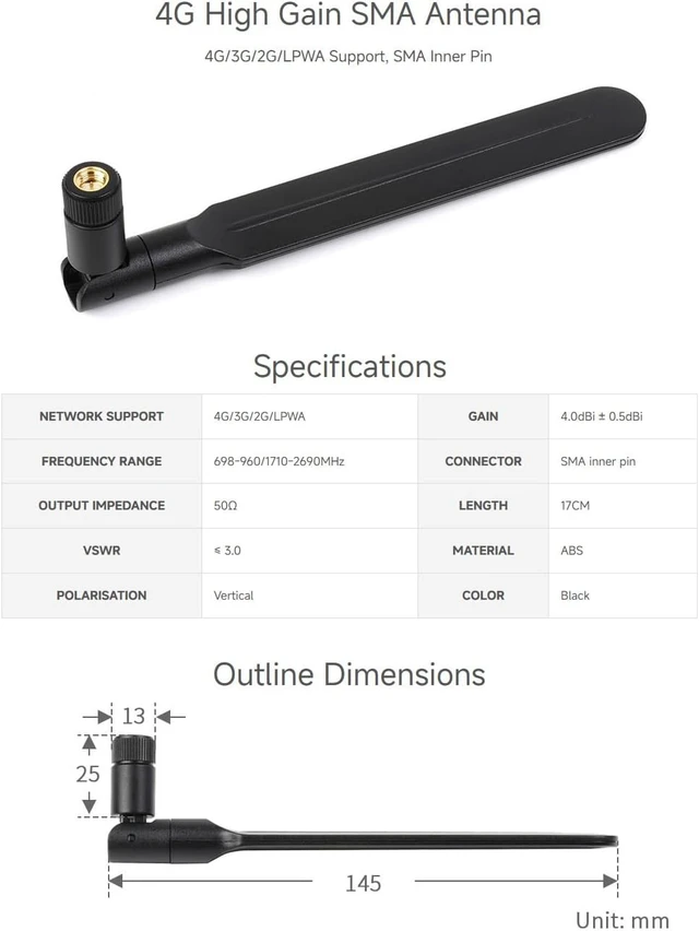 Alt view image 2 of 7 - Waveshare 4G High Gain SMA Antenna 4G/3G/2G/LPWA Support 700~2700MHz Range 90° Flexible Rotation