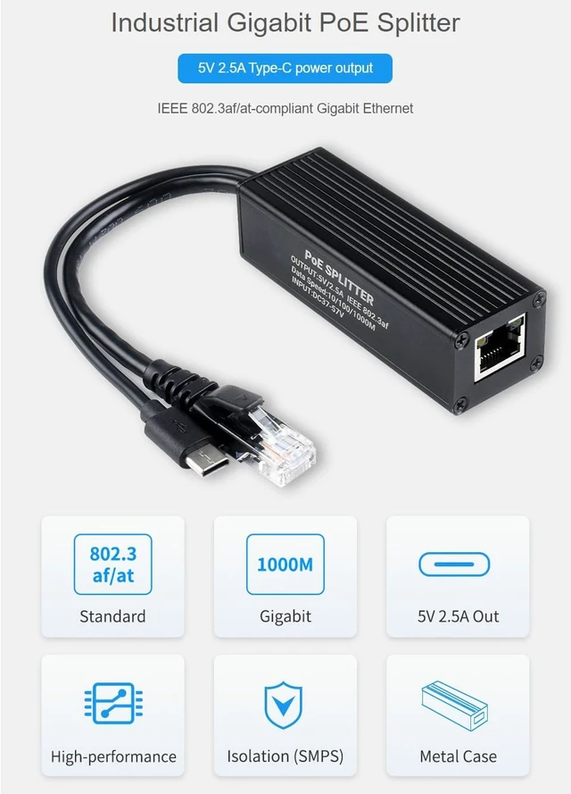 Alt view image 3 of 7 - Waveshare Industrial Giga-bit PoE Splitter Metal Case Protection 5V 2.5A Type-C Power Output