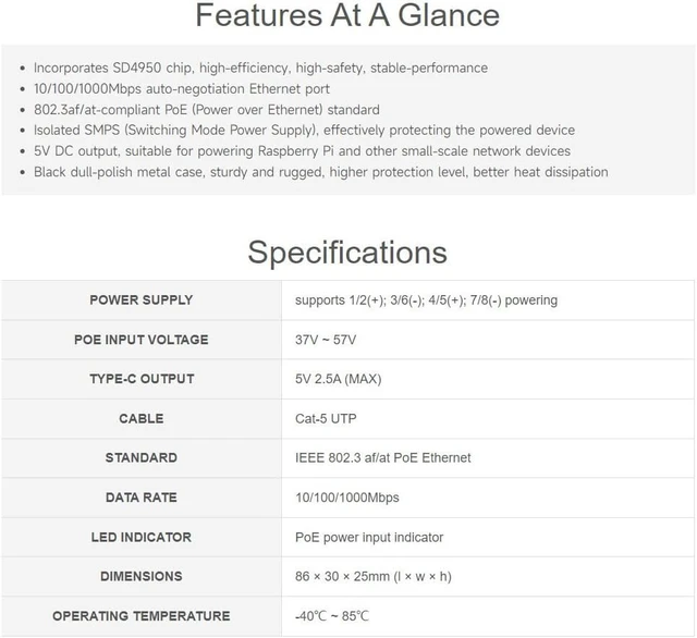 Alt view image 4 of 7 - Waveshare Industrial Giga-bit PoE Splitter Metal Case Protection 5V 2.5A Type-C Power Output