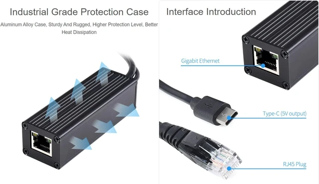 Alt view image 6 of 7 - Waveshare Industrial Giga-bit PoE Splitter Metal Case Protection 5V 2.5A Type-C Power Output