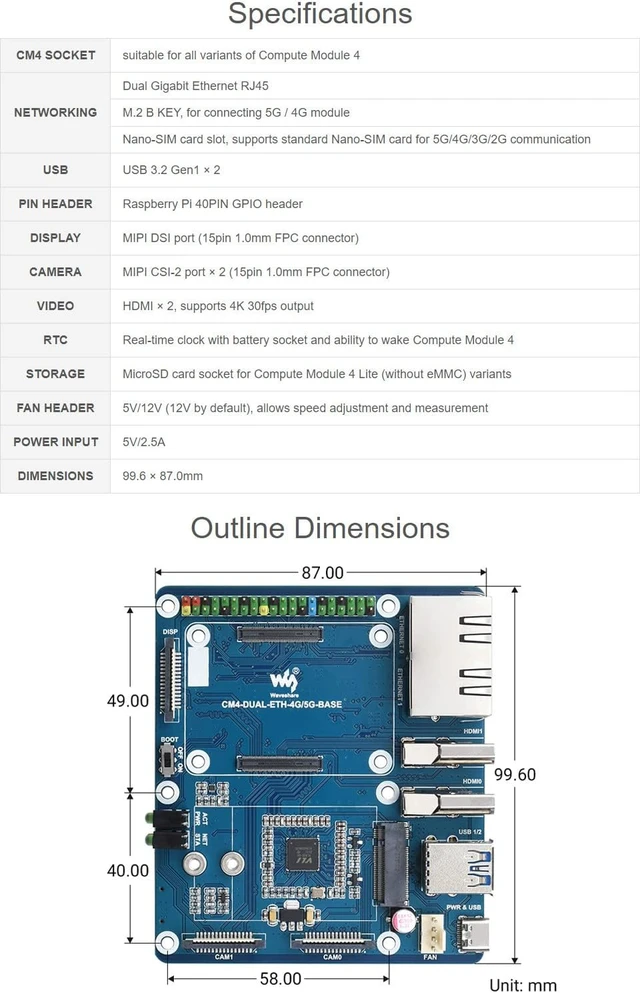 Alt view image 4 of 7 - Waveshare Dual Giga-bit Ethernet 5G/4G Base Board Designed for Raspberry Pi Compute Module 4