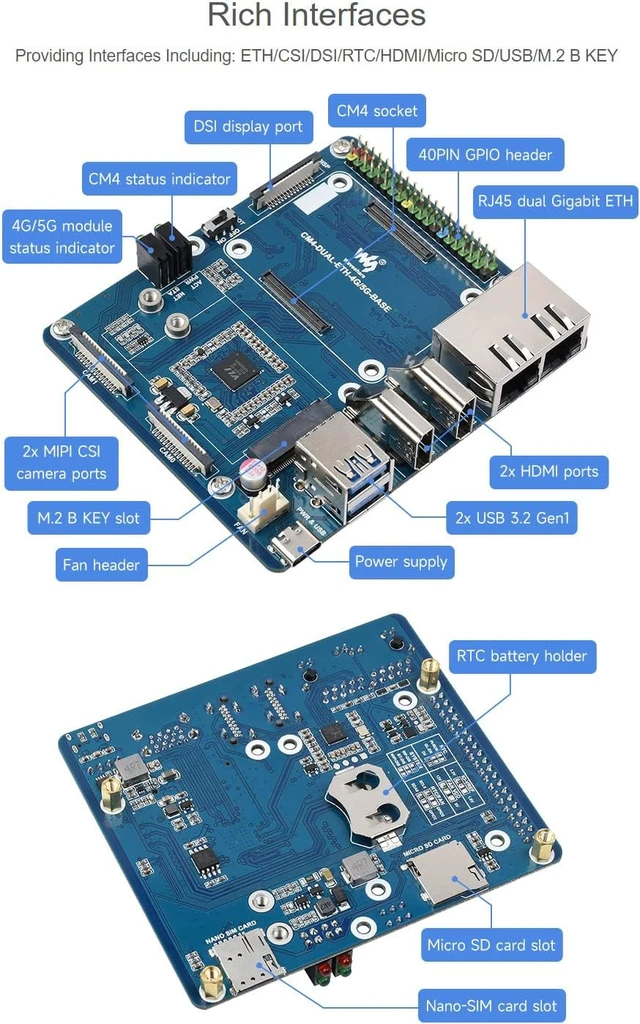 Alt view image 6 of 7 - Waveshare Dual Giga-bit Ethernet 5G/4G Base Board Designed for Raspberry Pi Compute Module 4