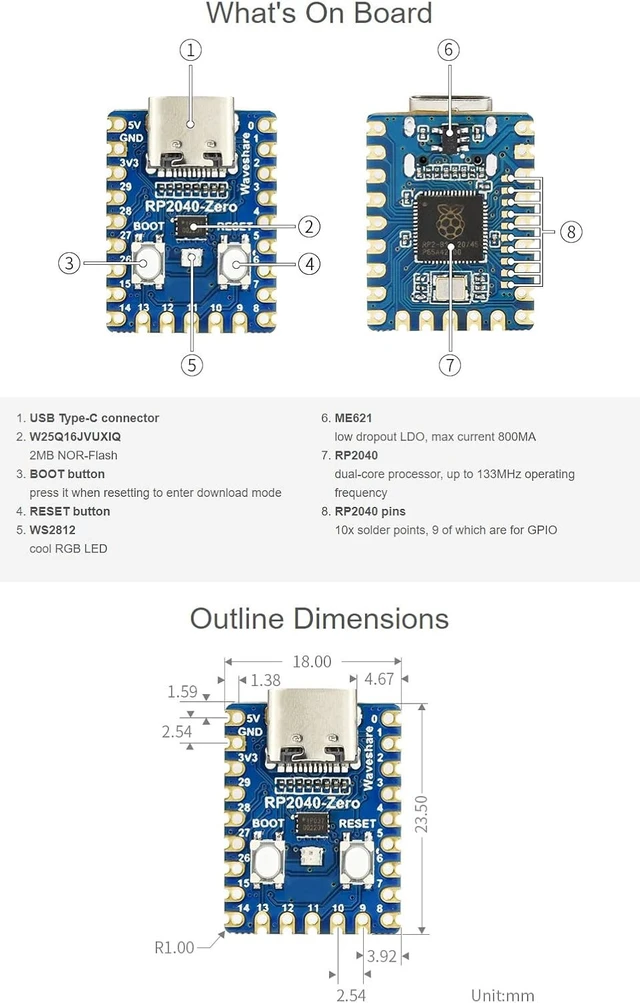 Alt view image 6 of 6 - Waveshare RP2040-Zero A Low-Cost High-Performance Pico-Like MCU Board Based On Raspberry Pi Microcontroller RP2040 Castellated Module Suitable for SMD Applications with Pre-soldered Header