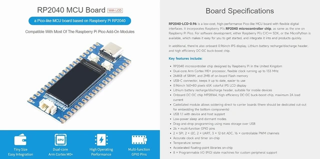 Alt view image 3 of 6 - Waveshare RP2040-LCD-0.96 A Low-Cost High-Performance Pico-Like MCU Board Based On Raspberry Pi Microcontroller RP2040 Compatible with Most of the Raspberry Pi Pico Add-On Modules