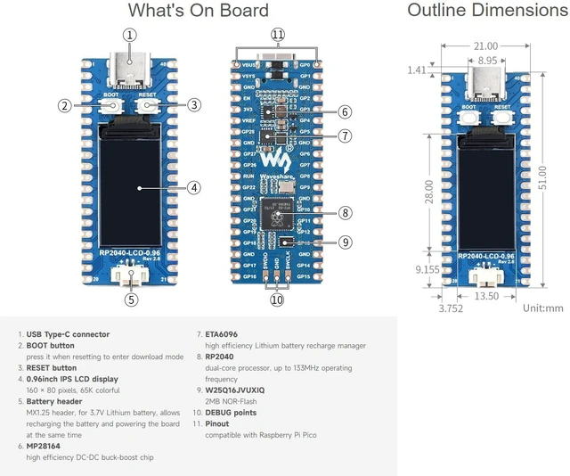 Alt view image 6 of 6 - Waveshare RP2040-LCD-0.96 A Low-Cost High-Performance Pico-Like MCU Board Based On Raspberry Pi Microcontroller RP2040 Compatible with Most of the Raspberry Pi Pico Add-On Modules