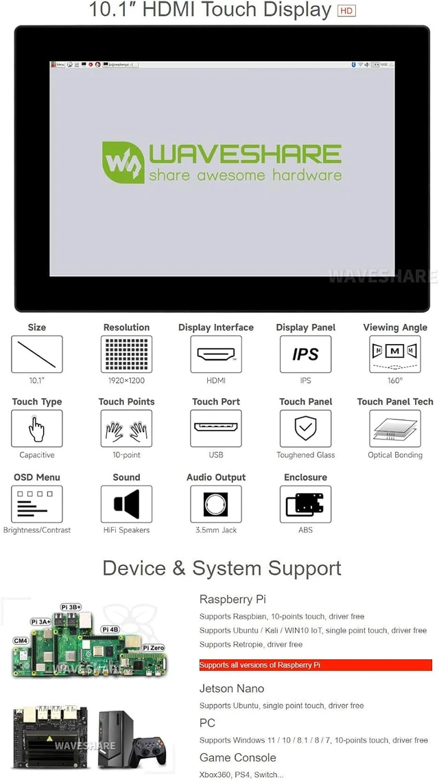Alt view image 4 of 7 - waveshare 10.1inch HD Capacitive Touch Screen LCD Compatible with Raspberry Pi 4B/3B+/3A+/2B/B+/A+/Zero/Zero W/WH/Zero 2W CM3+/4 1920×1200 Resolution HDMI IPS Supports Windows/Jetson Nano