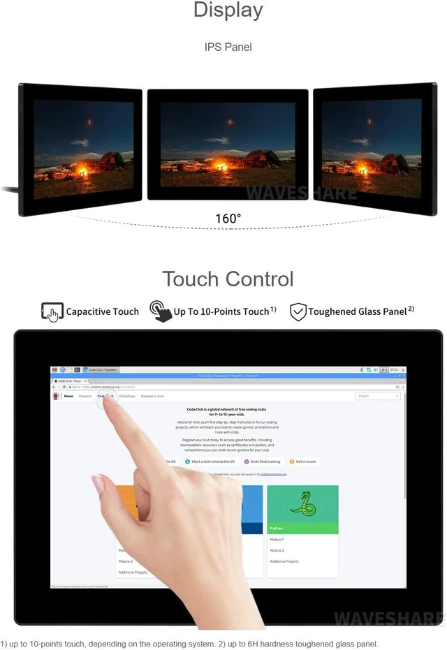 Alt view image 6 of 7 - waveshare 10.1inch HD Capacitive Touch Screen LCD Compatible with Raspberry Pi 4B/3B+/3A+/2B/B+/A+/Zero/Zero W/WH/Zero 2W CM3+/4 1920×1200 Resolution HDMI IPS Supports Windows/Jetson Nano