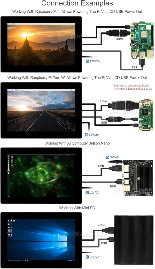 Alt view image 5 of 7 - waveshare 10.1inch HD Capacitive Touch Screen LCD Compatible with Raspberry Pi 4B/3B+/3A+/2B/B+/A+/Zero/Zero W/WH/Zero 2W CM3+/4 1920×1200 Resolution HDMI IPS Supports Windows/Jetson Nano