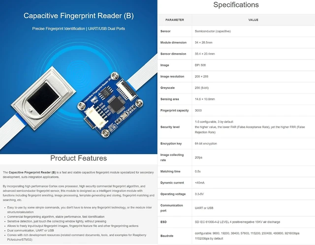 Alt view image 3 of 4 - Waveshare High Precision Capacitive Fingerprint Reader (B) UART/USB Dual Ports