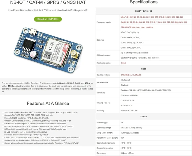 Alt view image 3 of 7 - Waveshare SIM7000G NB-IoT/Cat-M/Edge/GPRS HAT, Compatible with Raspberry Pi 5/4B/3B/Zero/Zero W/Zero 2W/Pico/Pico W/Pico WH, GNSS Positioning, Global Band Support