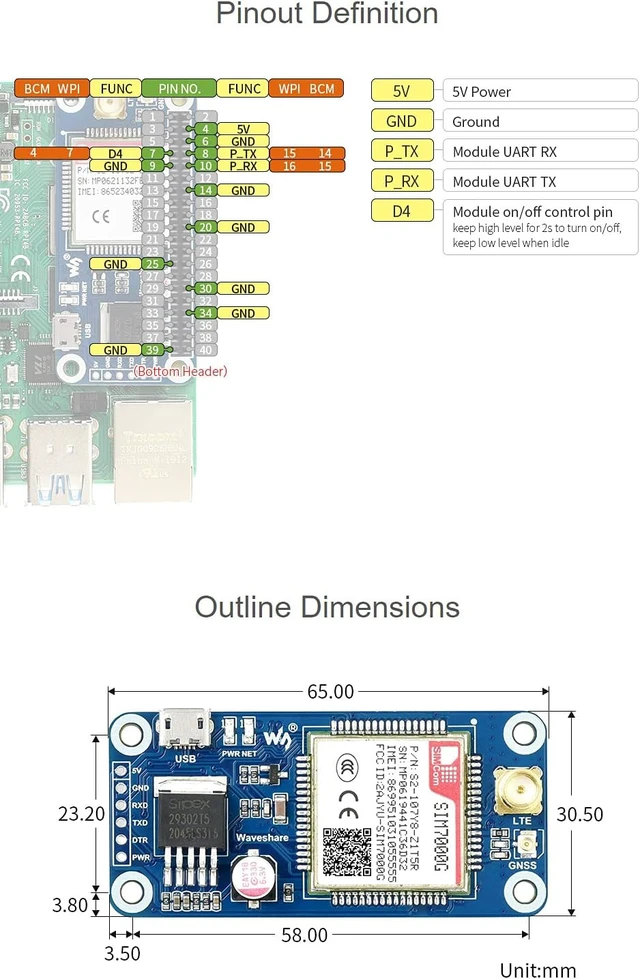 Alt view image 5 of 7 - Waveshare SIM7000G NB-IoT/Cat-M/Edge/GPRS HAT, Compatible with Raspberry Pi 5/4B/3B/Zero/Zero W/Zero 2W/Pico/Pico W/Pico WH, GNSS Positioning, Global Band Support