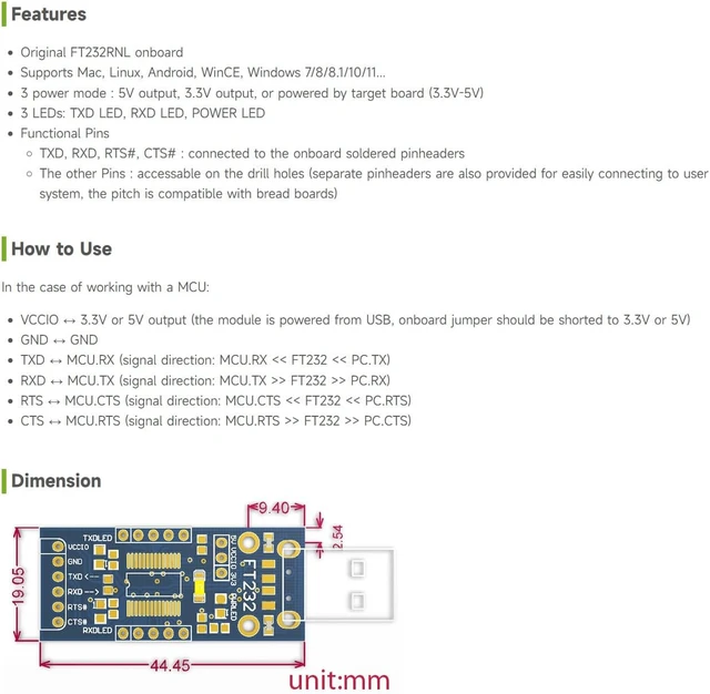 Alt view image 2 of 4 - Waveshare FT232 USB to TTLUART Communication Module, USB Type C Connector, Compatible with Mac OS, Linux, Android, Wince, Windows 7/8/8.1/10/11...