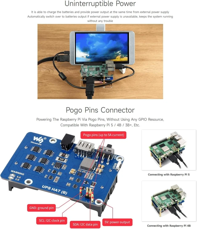 Alt view image 3 of 6 - Waveshare UPS HAT (B) for Raspberry Pi 5V Uninterruptible Power Supply 5A High Current with Pogo Pins Connector