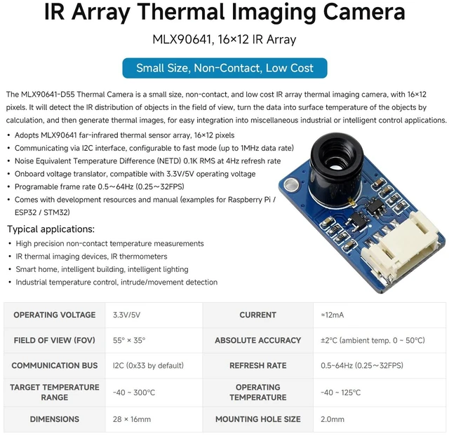 Alt view image 3 of 5 - Waveshare MLX90641 IR Array Thermal Imaging Camera with 16×12 Pixels 55° Field of View I2C Interface Supports Raspberry Pi