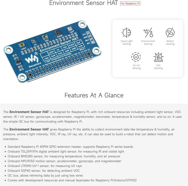 Alt view image 4 of 7 - Waveshare Environment Sensor HAT, Compatible with Raspberry Pi 5/4B/3B/Zero/Zero W/Zero 2W/Pico/Pico W/Pico WH, I2C Bus with Rich Onboard Resources Including Ambient Light Sensor VOC Sensor