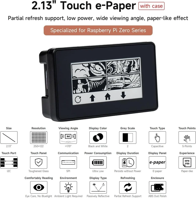 Alt view image 3 of 7 - Waveshare 2.13inch Touch E-Paper E-Ink Display HAT Compatible with Raspberry Pi Zero/Zero W 250×122 Pixels with ABS Protection Case Supports Partial Refresh