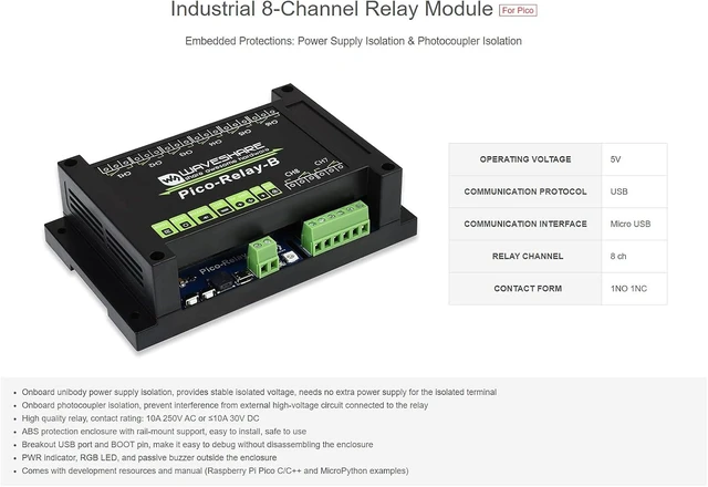 Alt view image 3 of 7 - Waveshare Industrial 8-Channel Relay Module for Raspberry Pi Pico Power Supply Isolation Photocoupler Isolation