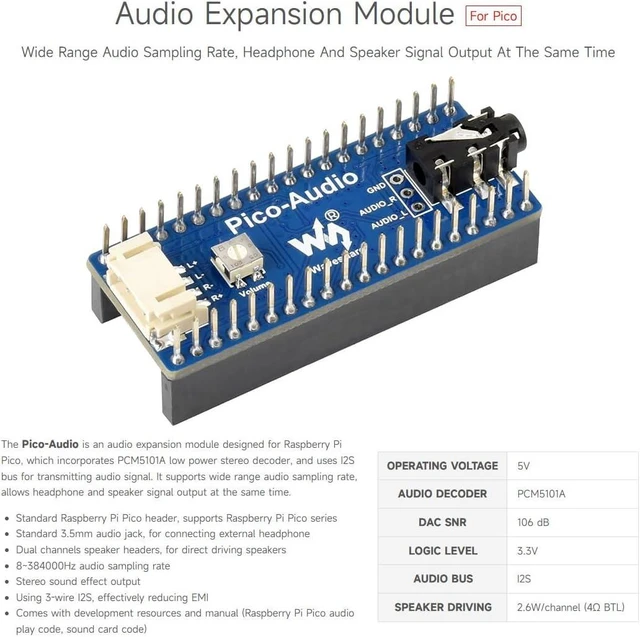 Alt view image 3 of 7 - Waveshare Audio Expansion Module for Raspberry Pi Pico Wide Range Audio Sampling Rate Headphone and Speaker Signal Output at The Same Time