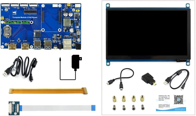 Main image of Waveshare Raspberry Pi Compute Module 4 Development Kit with Waveshare PoE Board and 7inch Touchscreen (6 Items)
