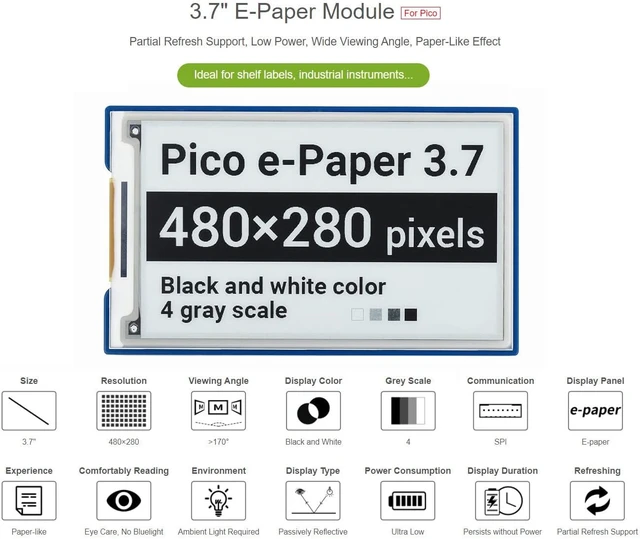 Alt view image 3 of 7 - waveshare 3.7inch E-Paper E-Ink Display Module for Raspberry Pi Pico 480×280 Pixels Black/White SPI Interface Support Partial Refresh