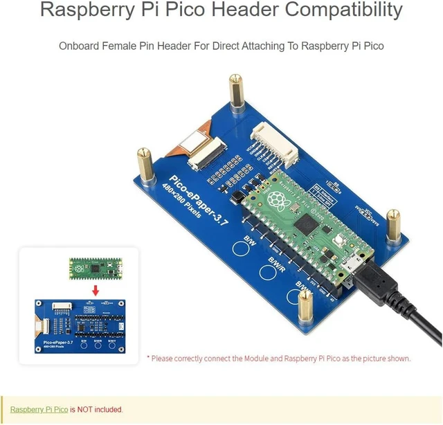 Alt view image 5 of 7 - waveshare 3.7inch E-Paper E-Ink Display Module for Raspberry Pi Pico 480×280 Pixels Black/White SPI Interface Support Partial Refresh