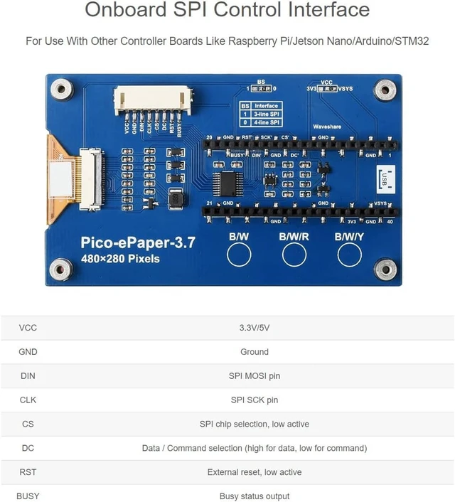 Alt view image 6 of 7 - waveshare 3.7inch E-Paper E-Ink Display Module for Raspberry Pi Pico 480×280 Pixels Black/White SPI Interface Support Partial Refresh