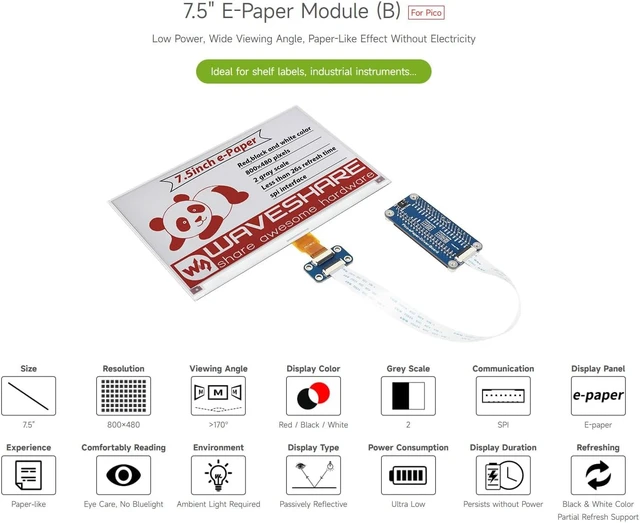 Alt view image 3 of 7 - Waveshare 7.5inch E-Paper E-Ink Display Module (B) for Raspberry Pi Pico 800×480 Pixels Red/Black/White SPI Interface