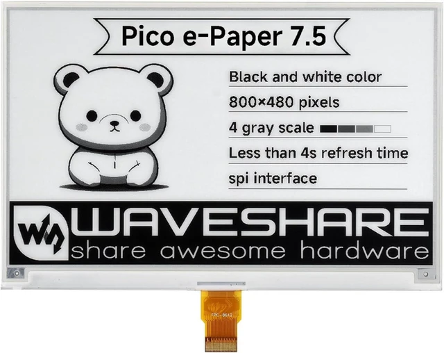 Main image of Waveshare 7.5inch E-Paper E-Ink Display Module for Raspberry Pi Pico 800×480 Pixels Black/White SPI Interface
