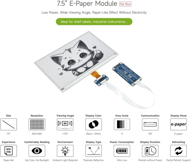 Alt view image 3 of 7 - Waveshare 7.5inch E-Paper E-Ink Display Module for Raspberry Pi Pico 800×480 Pixels Black/White SPI Interface