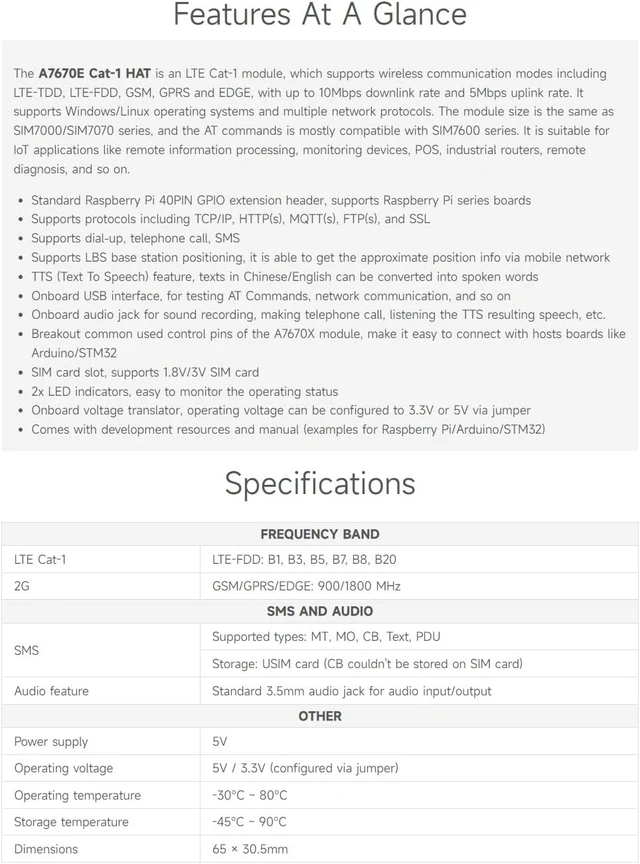 Alt view image 4 of 7 - Waveshare A7670E LTE Cat-1 HAT for Raspberry Pi Enabling LTE Cat-1 / 2G Communication & LBS Positioning Multi Band Support 2G GSM/GPRS Based on A7670E