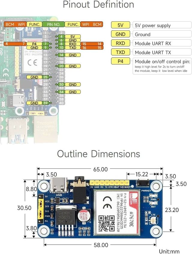 Alt view image 7 of 7 - Waveshare A7670E LTE Cat-1 HAT for Raspberry Pi Enabling LTE Cat-1 / 2G Communication & LBS Positioning Multi Band Support 2G GSM/GPRS Based on A7670E