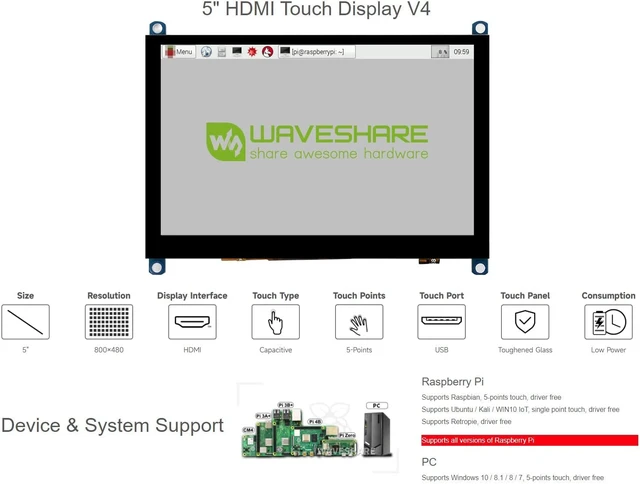 Alt view image 3 of 6 - Waveshare 5inch Capacitive Touch Screen LCD Slimmed-Down Compatible with Raspberry Pi 5/4B/3B+/3A+/2B/B+/A+/Zero/Zero W/WH/Zero 2W CM3+/4 800×480 Resolution HDMI Toughened Glass Panel Supports Windows