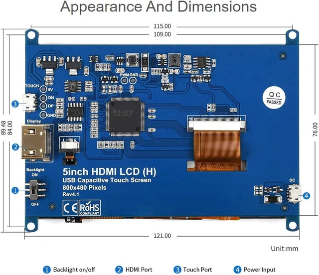 Alt view image 6 of 6 - Waveshare 5inch Capacitive Touch Screen LCD Slimmed-Down Compatible with Raspberry Pi 5/4B/3B+/3A+/2B/B+/A+/Zero/Zero W/WH/Zero 2W CM3+/4 800×480 Resolution HDMI Toughened Glass Panel Supports Windows